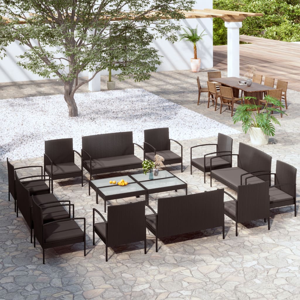 Loungeset Met Kussens Poly Rattan 16 Zwart