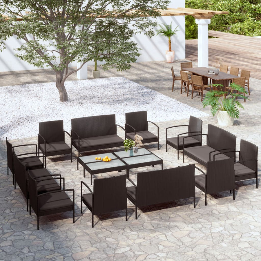 Loungeset Met Kussens Poly Rattan 16 Zwart