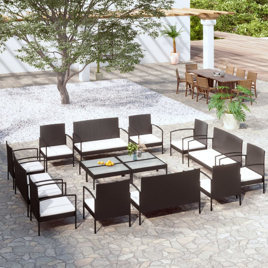 Loungeset Met Kussens Poly Rattan 16 Zwart en wit