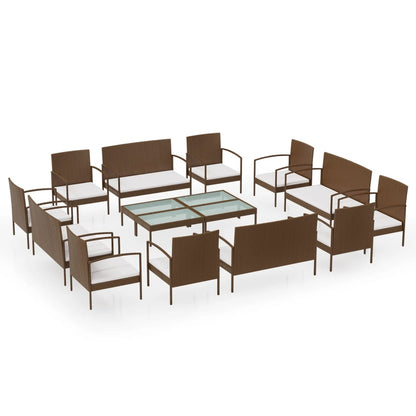 16-delige Loungeset met kussens poly rattan bruin