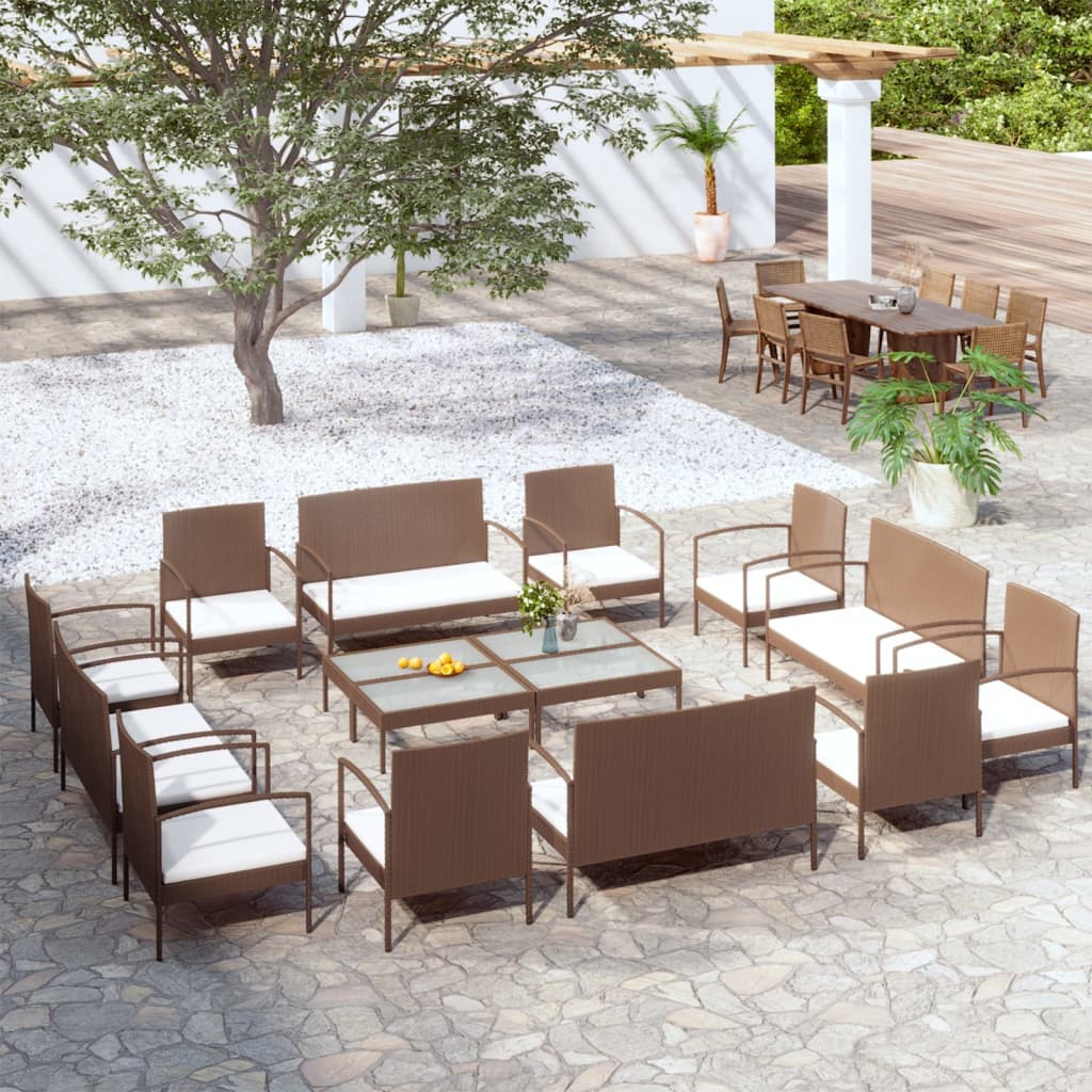 16-delige Loungeset met kussens poly rattan bruin