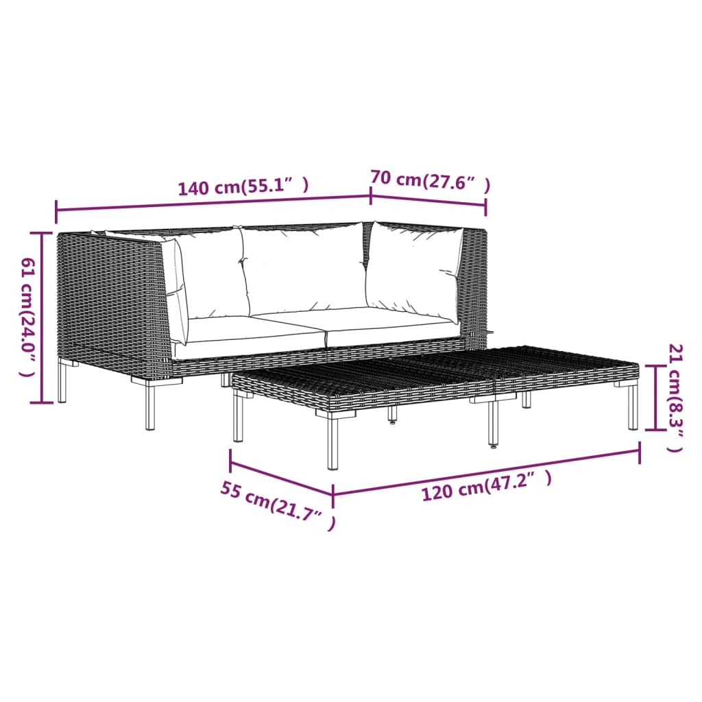 3-Delige Loungeset Halfrond Poly Rattan Donkergrijs 2x hoek + Tafel