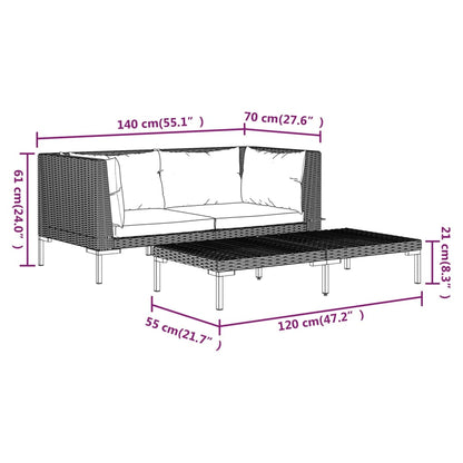 3-Delige Loungeset Halfrond Poly Rattan Donkergrijs 2x hoek + Tafel