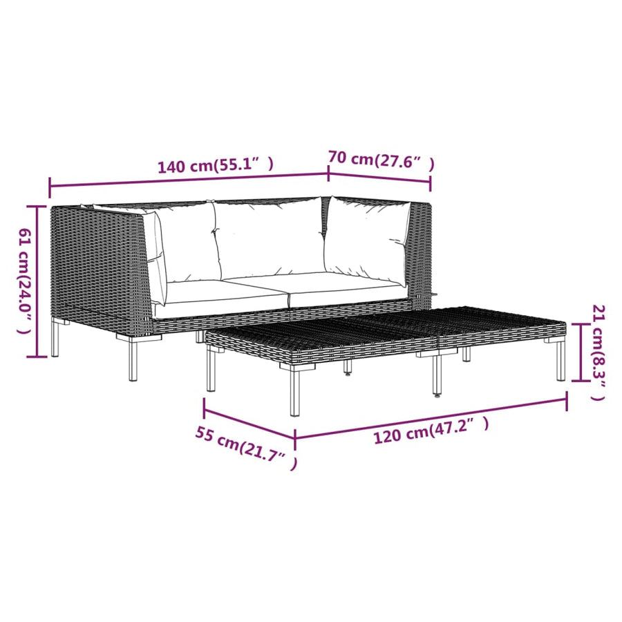 3-Delige Loungeset Halfrond Poly Rattan Donkergrijs 2x hoek + Tafel