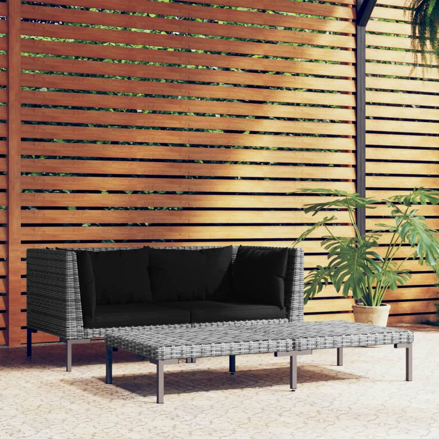 3-Delige Loungeset Halfrond Poly Rattan Donkergrijs 2x hoek + Tafel