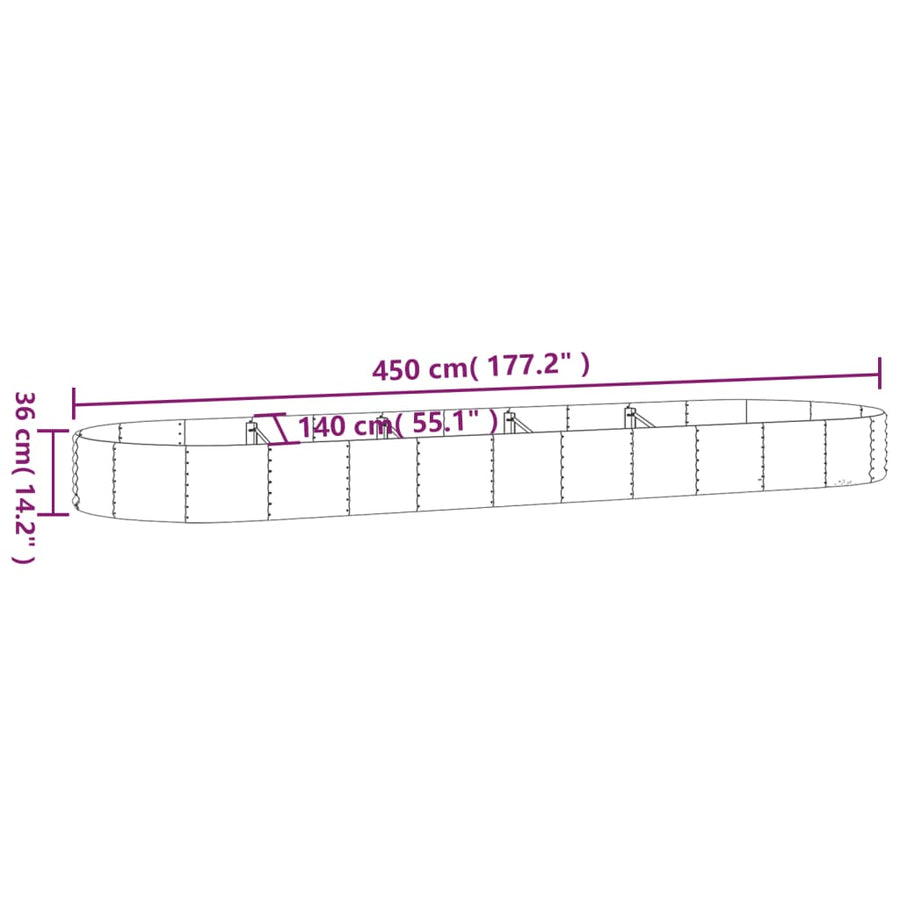 Plantenbak 450X140X36 Cm Gepoedercoat Staal Zilverkleurig