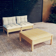 Loungeset 3-delig grenenhout crème kussens