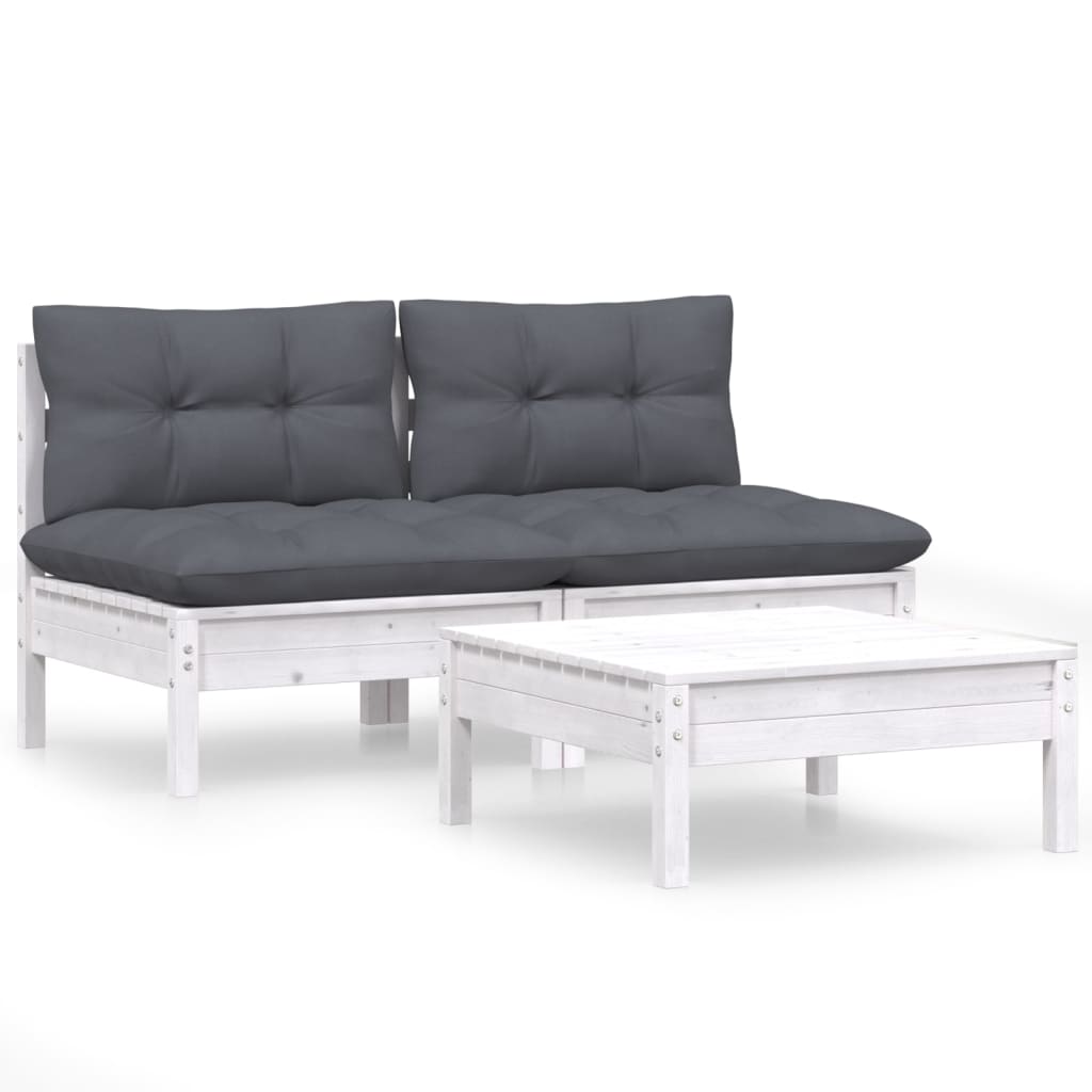 3-Delige Loungeset Met Antracietkleurige Kussens Grenenhout Wit