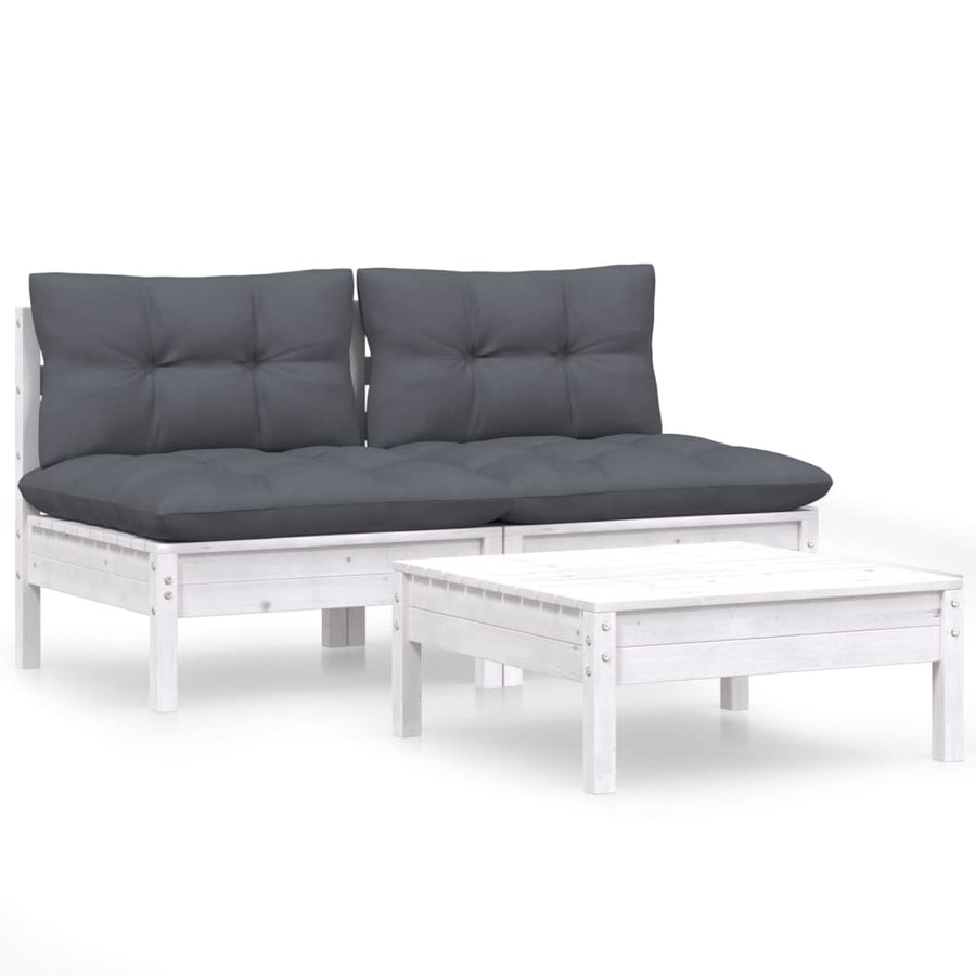 3-Delige Loungeset Met Antracietkleurige Kussens Grenenhout Wit