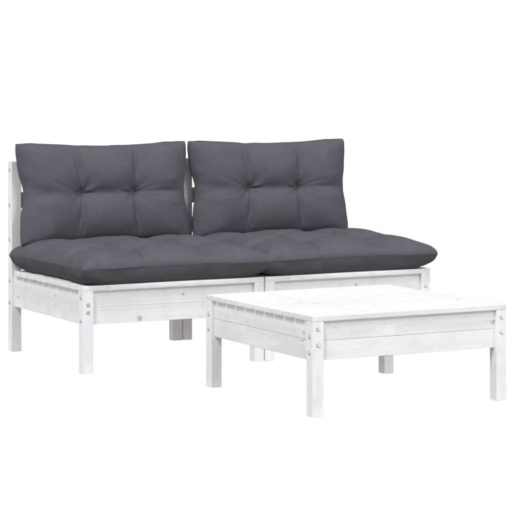 3-Delige Loungeset Met Antracietkleurige Kussens Grenenhout Wit
