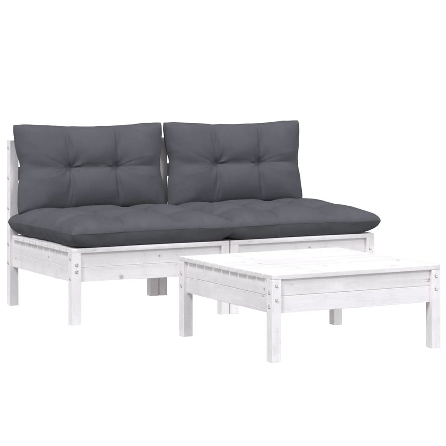 3-Delige Loungeset Met Antracietkleurige Kussens Grenenhout Wit