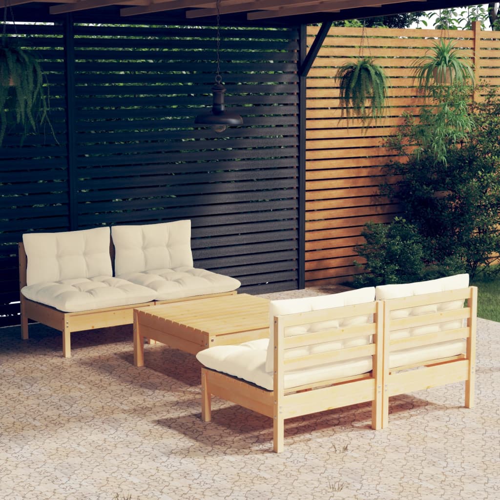 5-Delige Loungeset Met Kleurige Kussens Grenenhout Bruin en crème