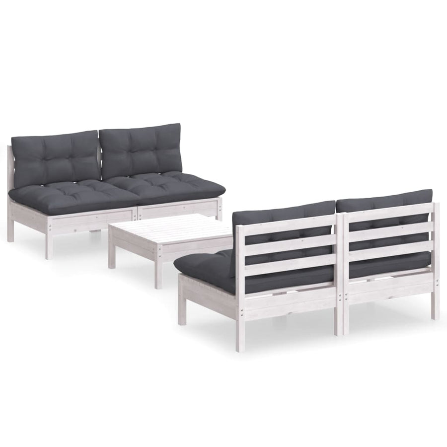 5-Delige Loungeset Met Antracietkleurige Kussens Grenenhout Wit