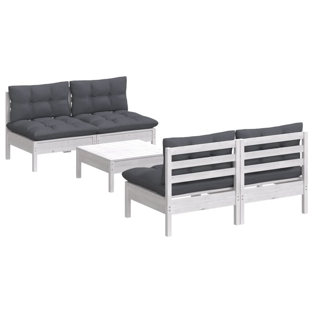 5-Delige Loungeset Met Antracietkleurige Kussens Grenenhout Wit