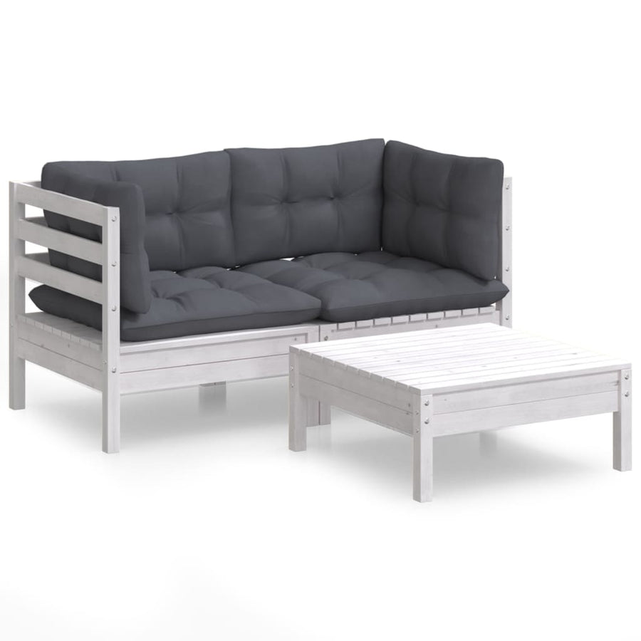 3-Delige Loungeset Met Antracietkleurige Kussens Grenenhout Wit