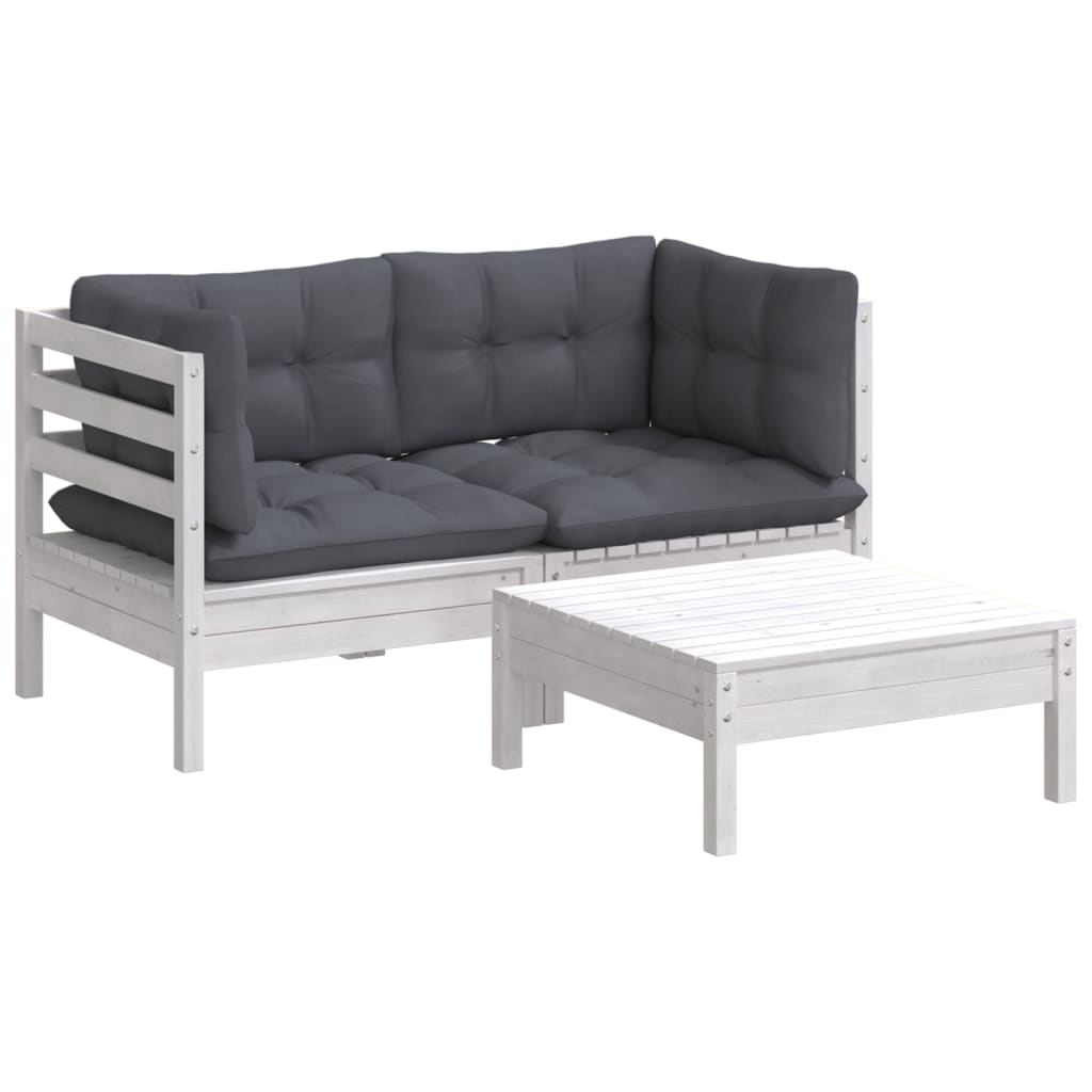 3-Delige Loungeset Met Antracietkleurige Kussens Grenenhout Wit