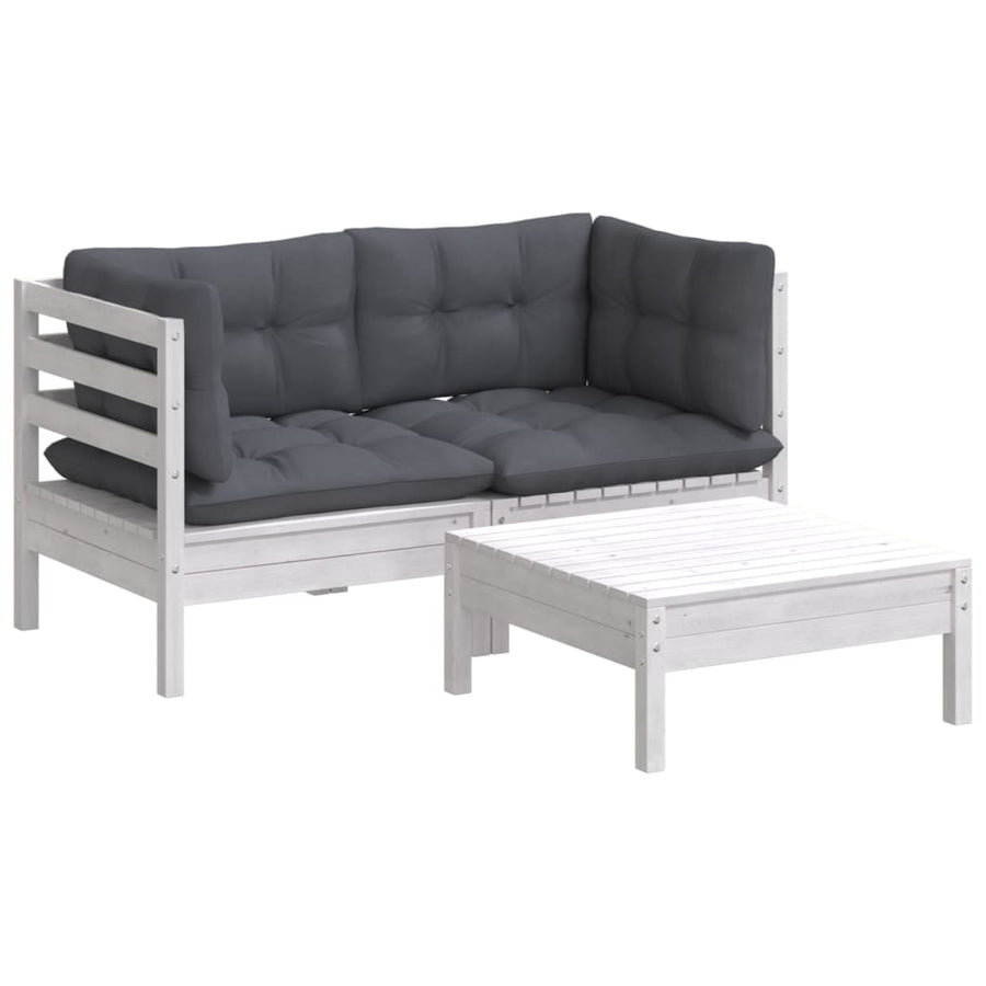 3-Delige Loungeset Met Antracietkleurige Kussens Grenenhout Wit