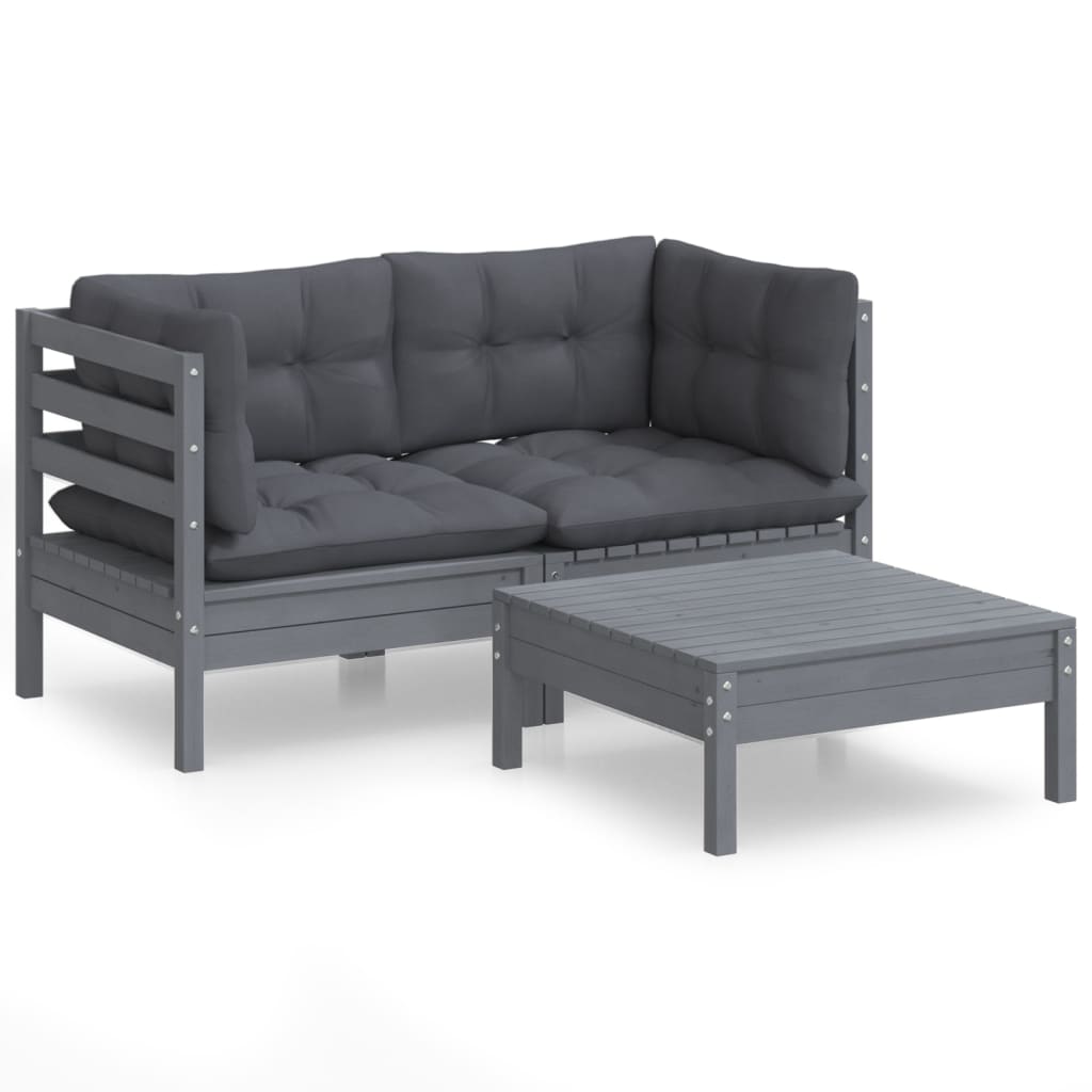 3-Delige Loungeset Met Antracietkleurige Kussens Grenenhout Grijs
