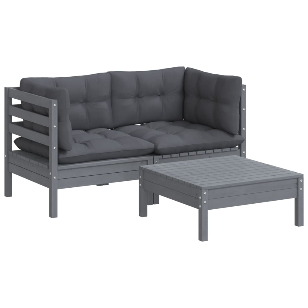 3-Delige Loungeset Met Antracietkleurige Kussens Grenenhout Grijs