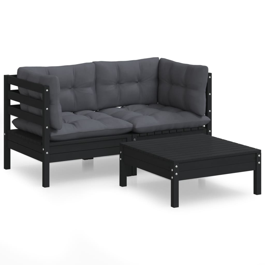 3-Delige Loungeset Met Antracietkleurige Kussens Grenenhout Zwart