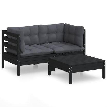 3-Delige Loungeset Met Antracietkleurige Kussens Grenenhout Zwart
