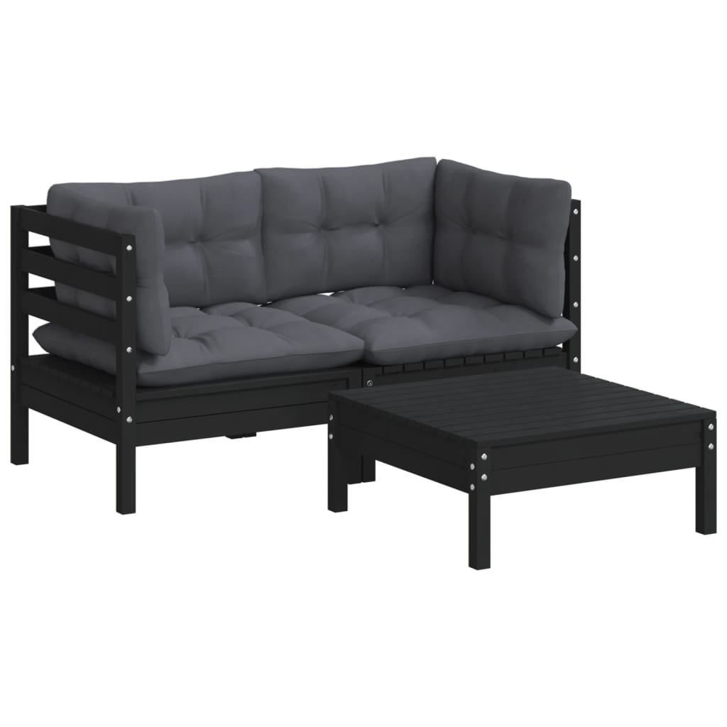 3-Delige Loungeset Met Antracietkleurige Kussens Grenenhout Zwart
