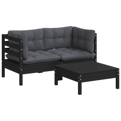 3-Delige Loungeset Met Antracietkleurige Kussens Grenenhout Zwart