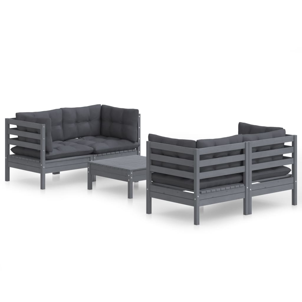 5-Delige Loungeset Met Antracietkleurige Kussens Grenenhout Grijs
