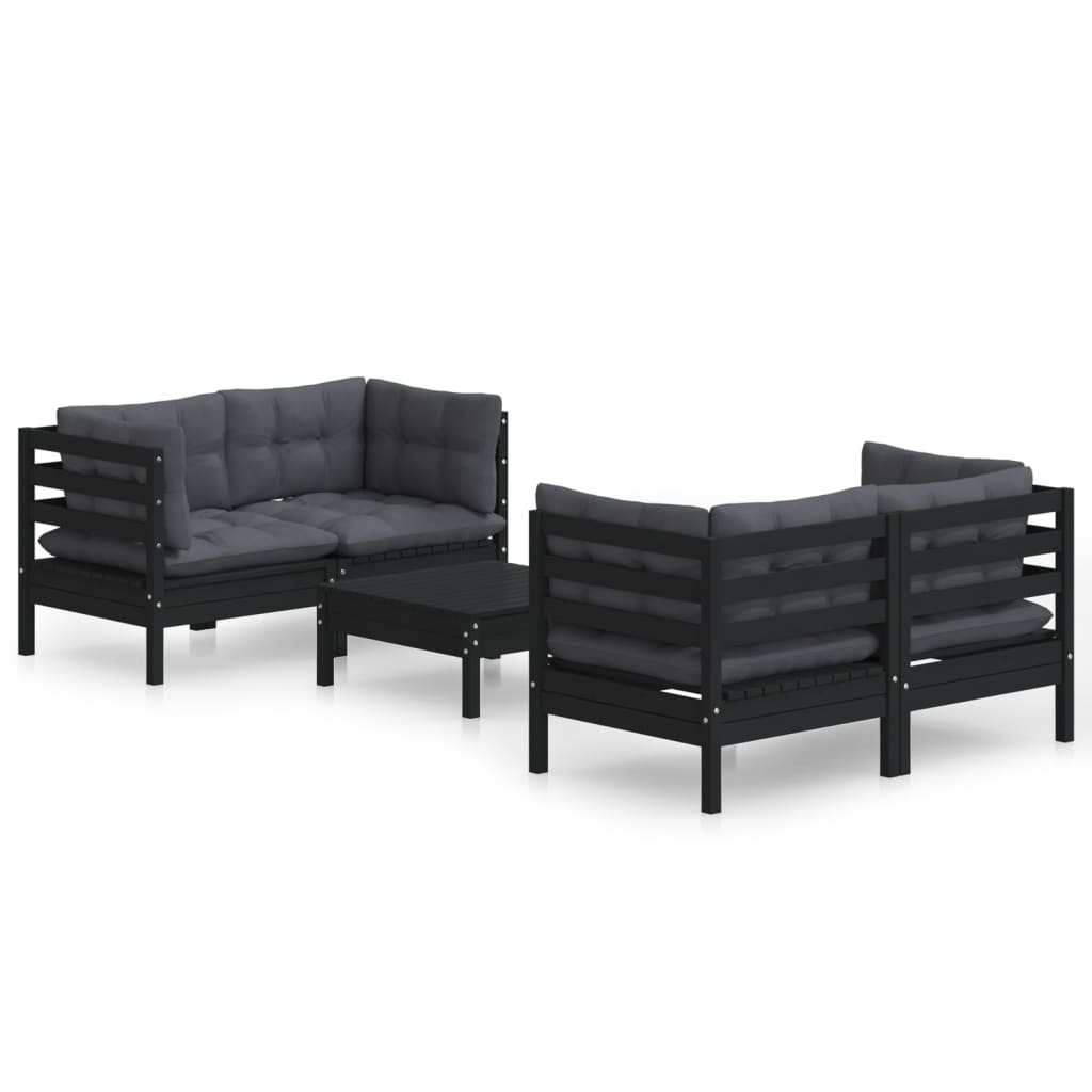 5-Delige Loungeset Met Antracietkleurige Kussens Grenenhout Zwart