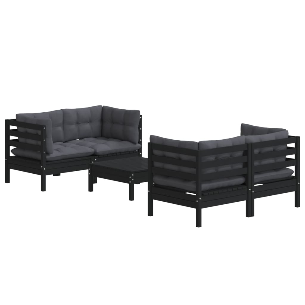 5-Delige Loungeset Met Antracietkleurige Kussens Grenenhout Zwart