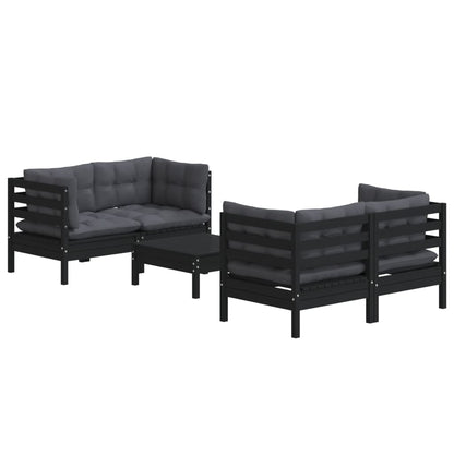 5-Delige Loungeset Met Antracietkleurige Kussens Grenenhout Zwart