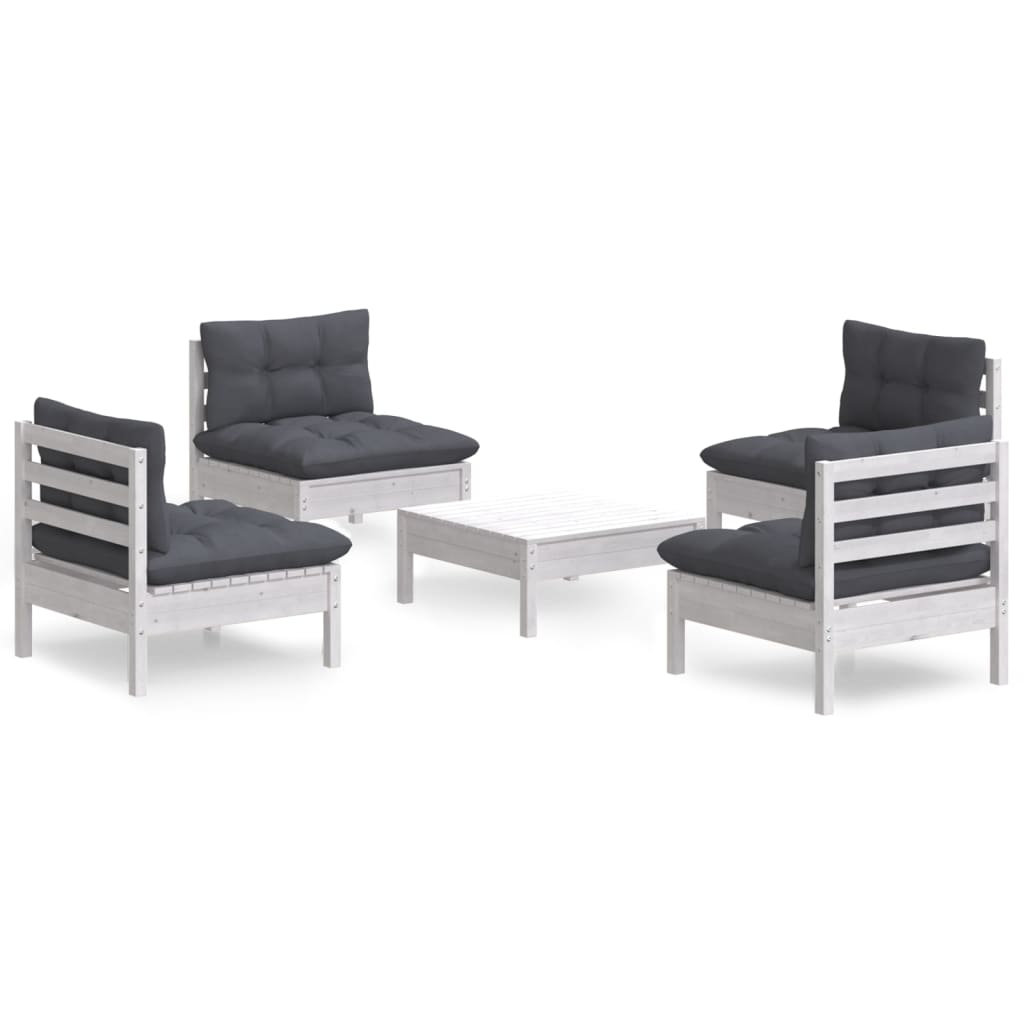 5-Delige Loungeset Met Antracietkleurige Kussens Grenenhout Wit