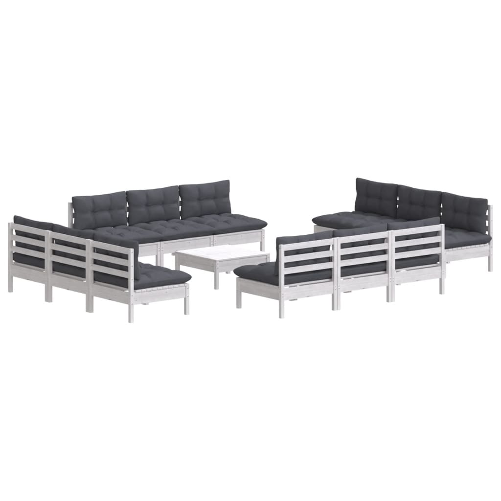 3-Delige Loungeset Met Antracietkleurige Kussens Grenenhout Wit