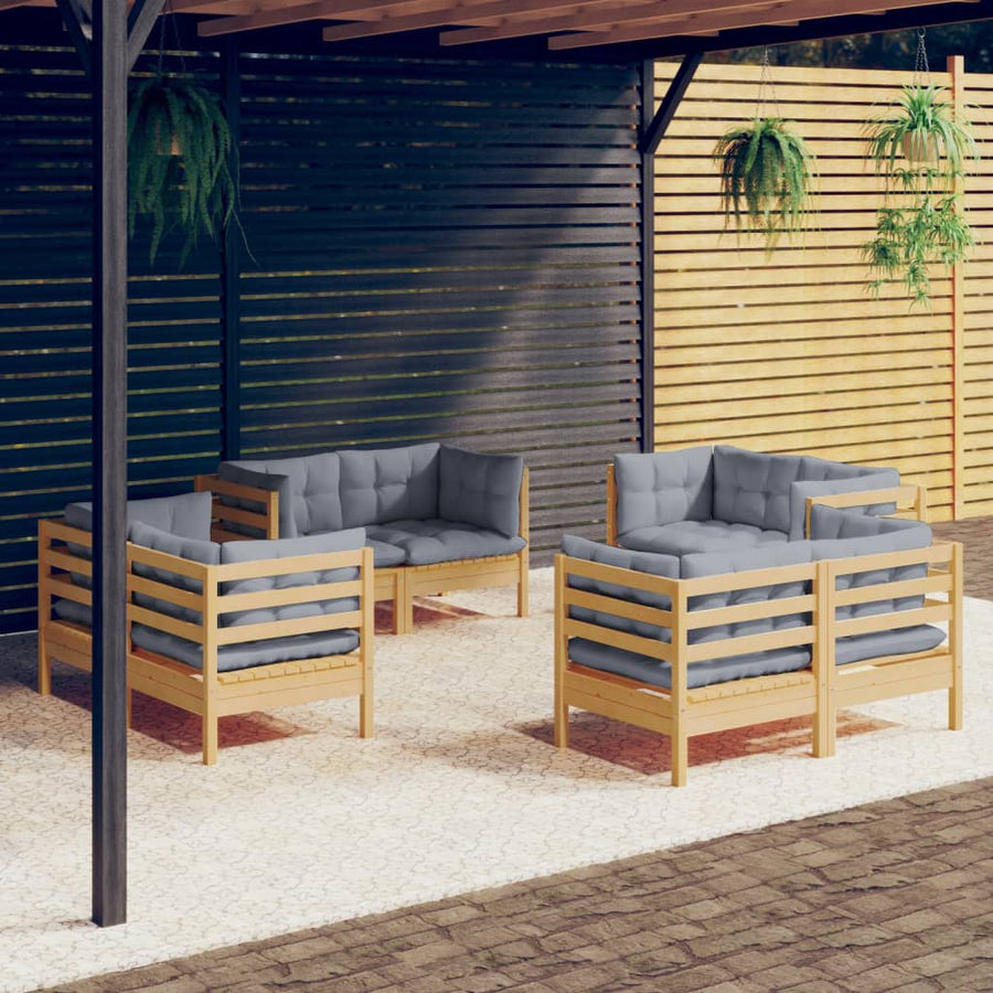 8-Delige Loungeset Met Grijze Kussens Grenenhout Bruin en grijs