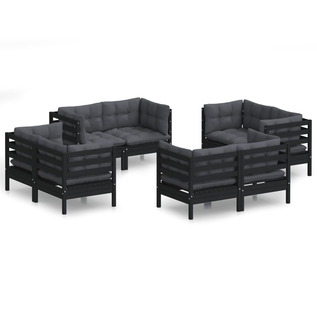 8-Delige Loungeset Met Antracietkleurige Kussens Grenenhout Zwart