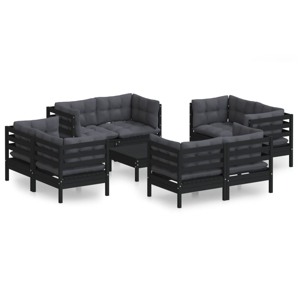9-Delige Loungeset Met Antracietkleurige Kussens Grenenhout Zwart