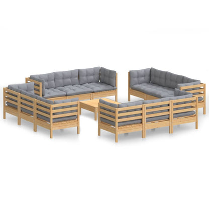 3-Delige Loungeset Met Grijze Kussens Grenenhout Bruin en grijs