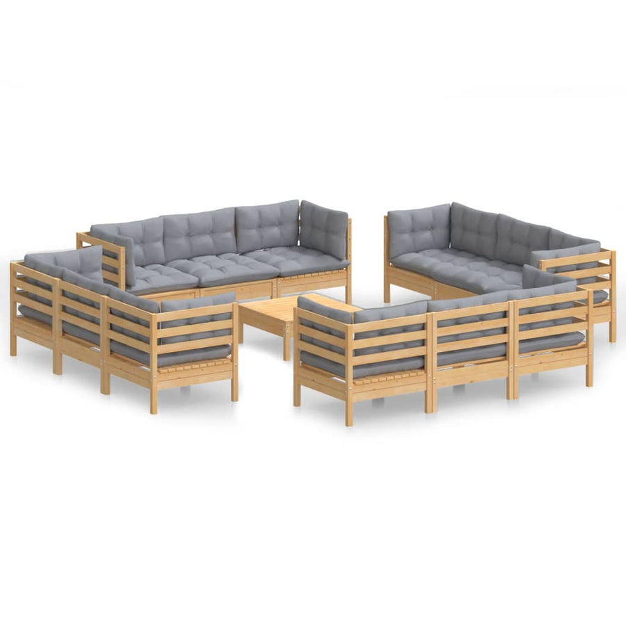 3-Delige Loungeset Met Grijze Kussens Grenenhout Bruin en grijs
