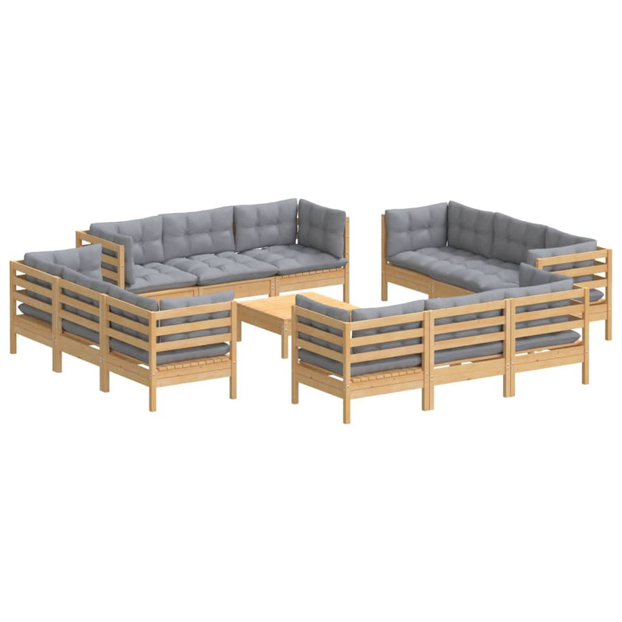 3-Delige Loungeset Met Grijze Kussens Grenenhout Bruin en grijs