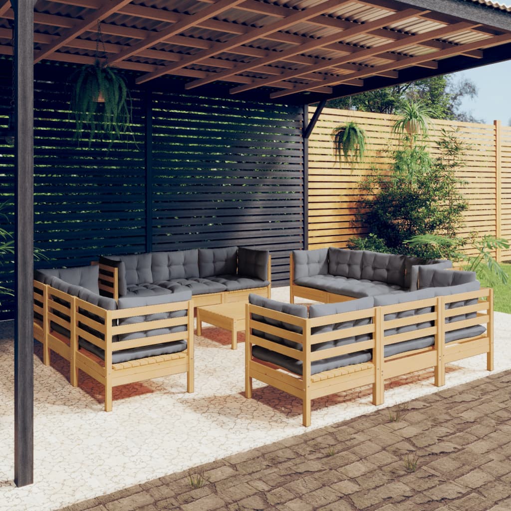 3-Delige Loungeset Met Grijze Kussens Grenenhout Bruin en grijs