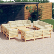 Loungeset 13-delig grenenhout crèmekleurige kussens