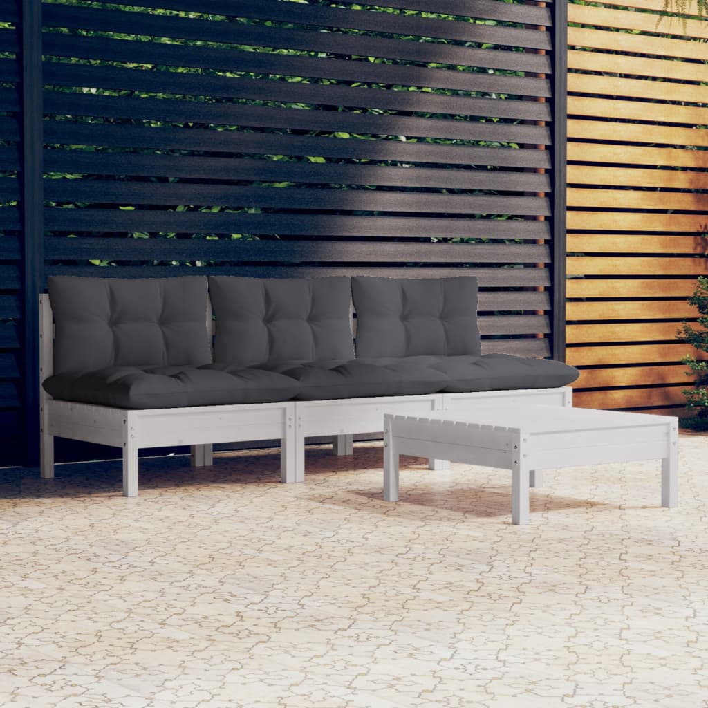 4-Delige Loungeset Met Antracietkleurige Kussens Grenenhout Wit