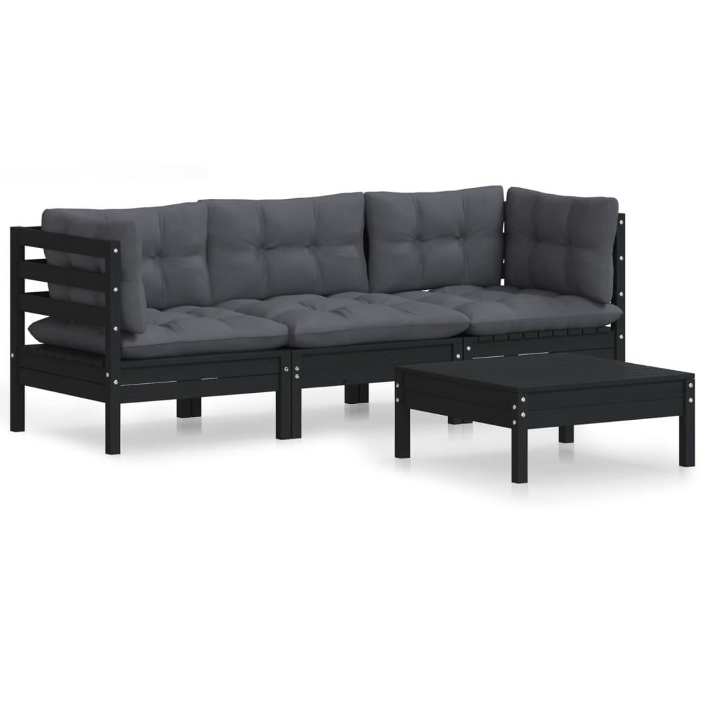 4-Delige Loungeset Met Antracietkleurige Kussens Grenenhout Zwart