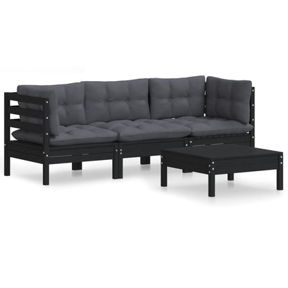 4-Delige Loungeset Met Antracietkleurige Kussens Grenenhout Zwart
