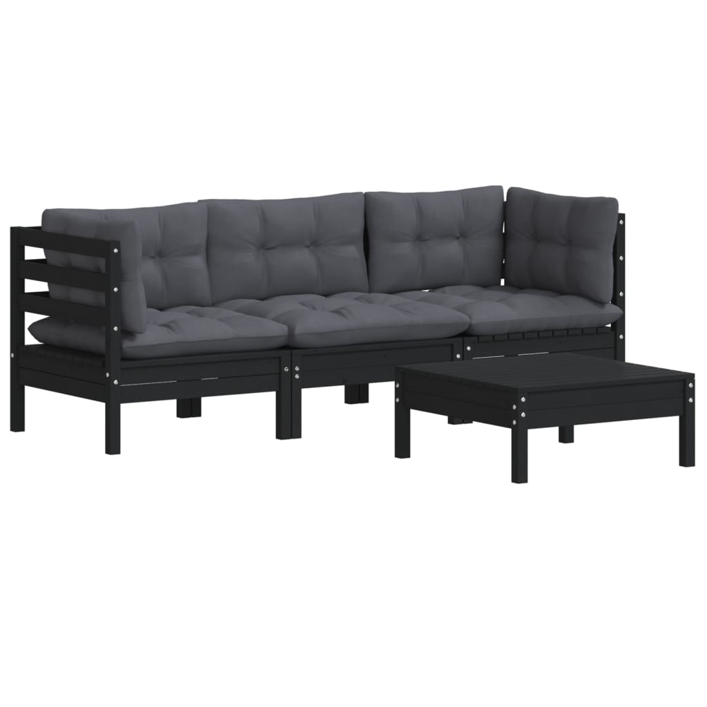 4-Delige Loungeset Met Antracietkleurige Kussens Grenenhout Zwart