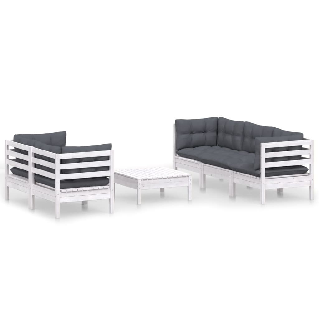 6-Delige Loungeset Met Antracietkleurige Kussens Grenenhout Wit