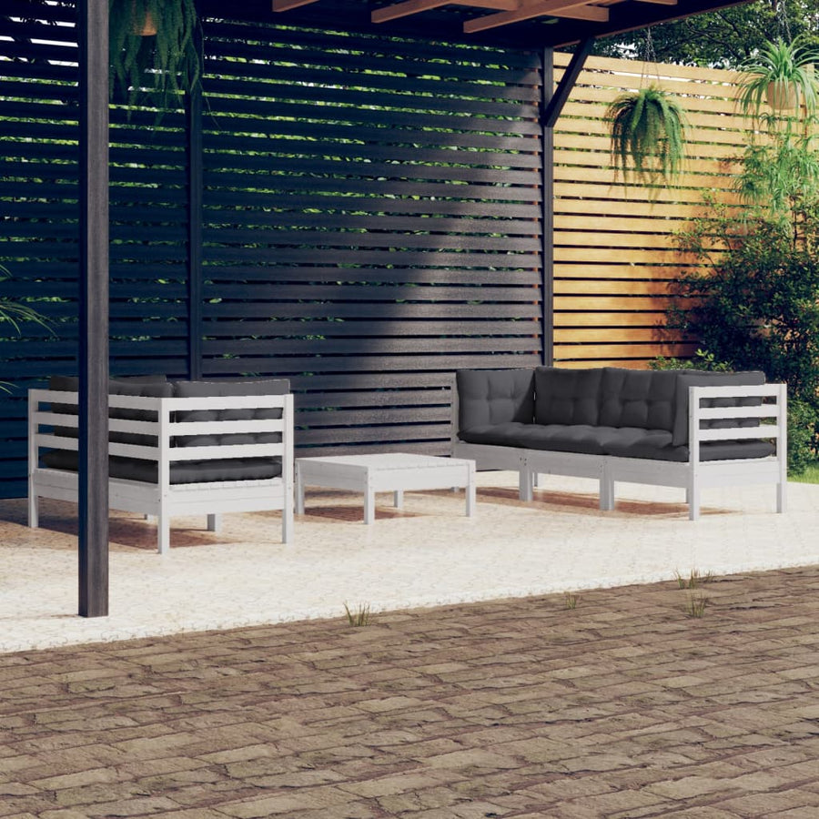 6-Delige Loungeset Met Antracietkleurige Kussens Grenenhout Wit