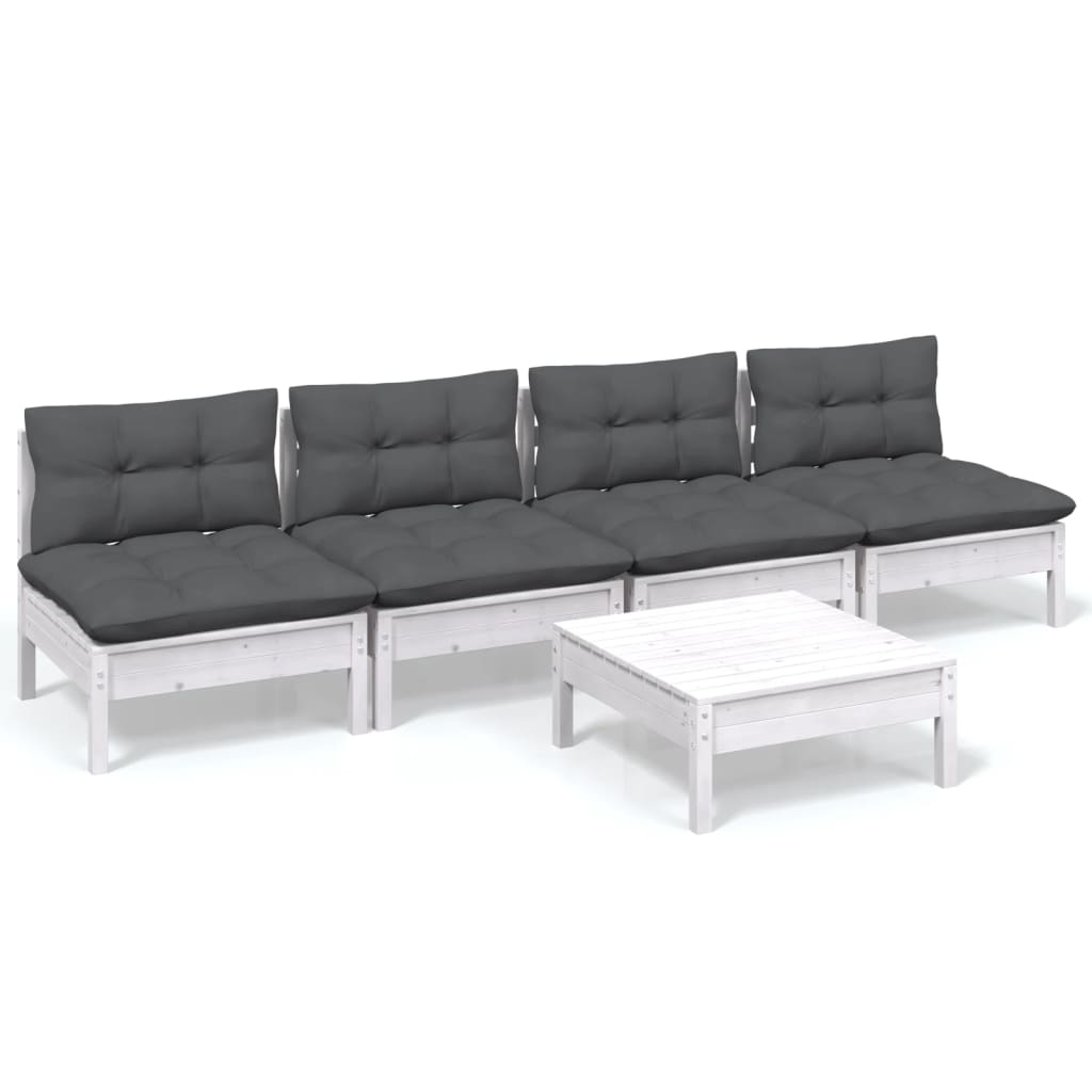 5-Delige Loungeset Met Antracietkleurige Kussens Grenenhout Wit