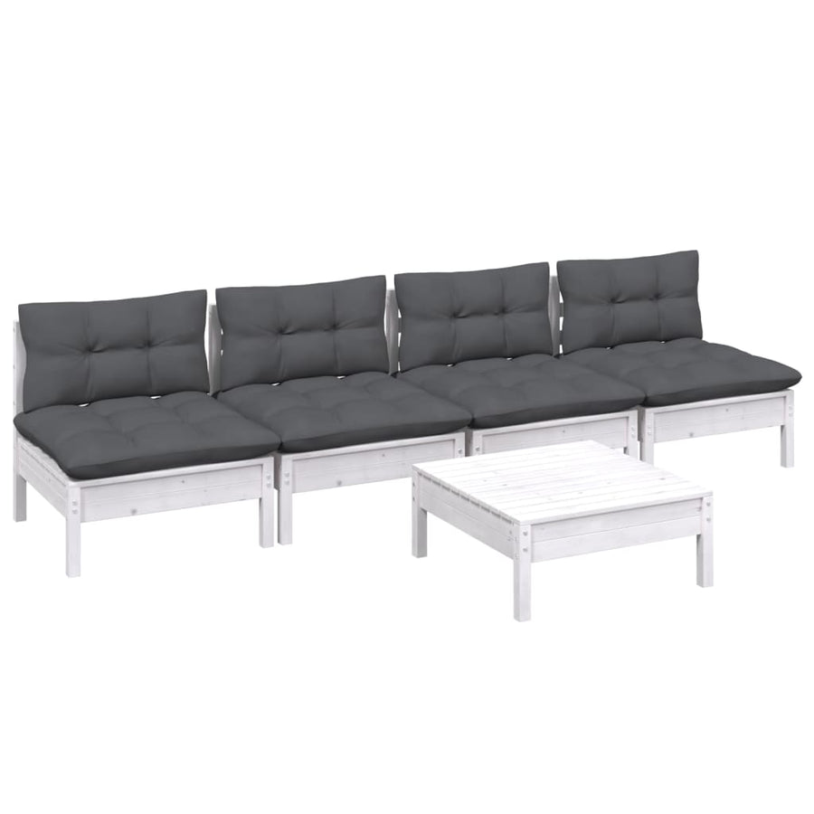 5-Delige Loungeset Met Antracietkleurige Kussens Grenenhout Wit