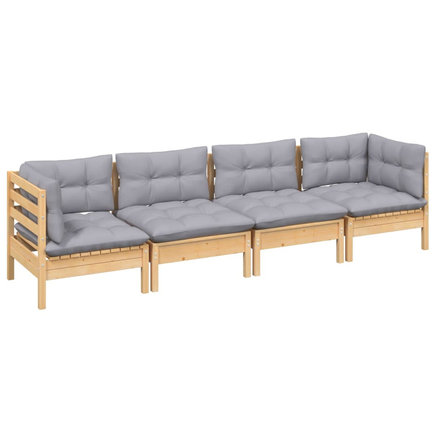 4-Delige Loungeset Met Grijze Kussens Massief Grenenhout Bruin en grijs